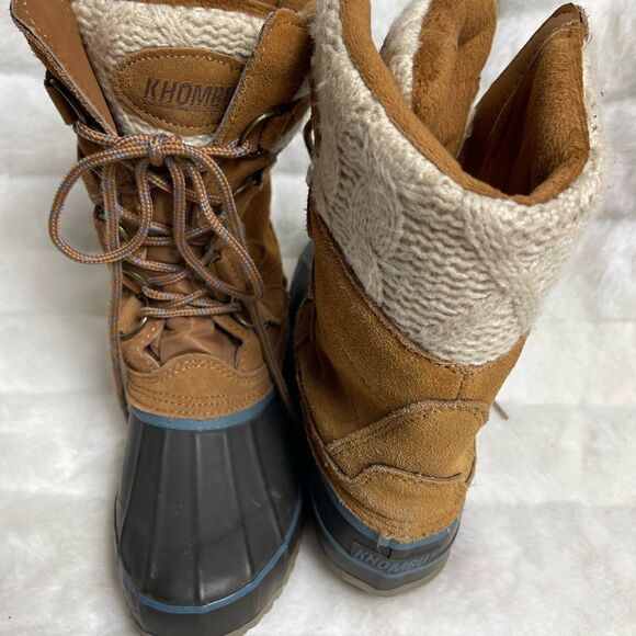 KHOMBU leather brown suede &navy blue rubber duck boots beige knit accent SZ7M - Picture 3 of 9